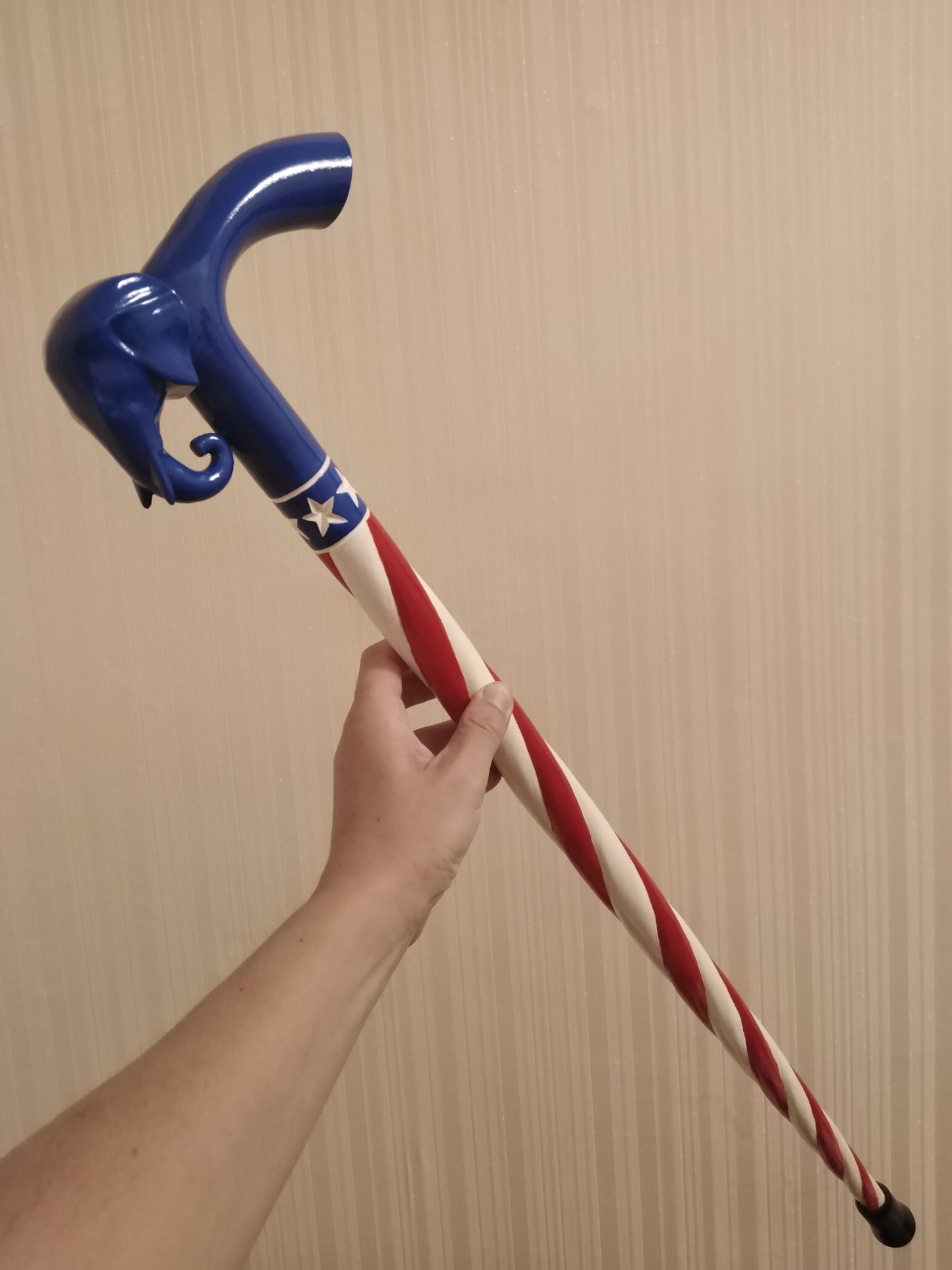 Carved handmade elephant cane USA flag style cane