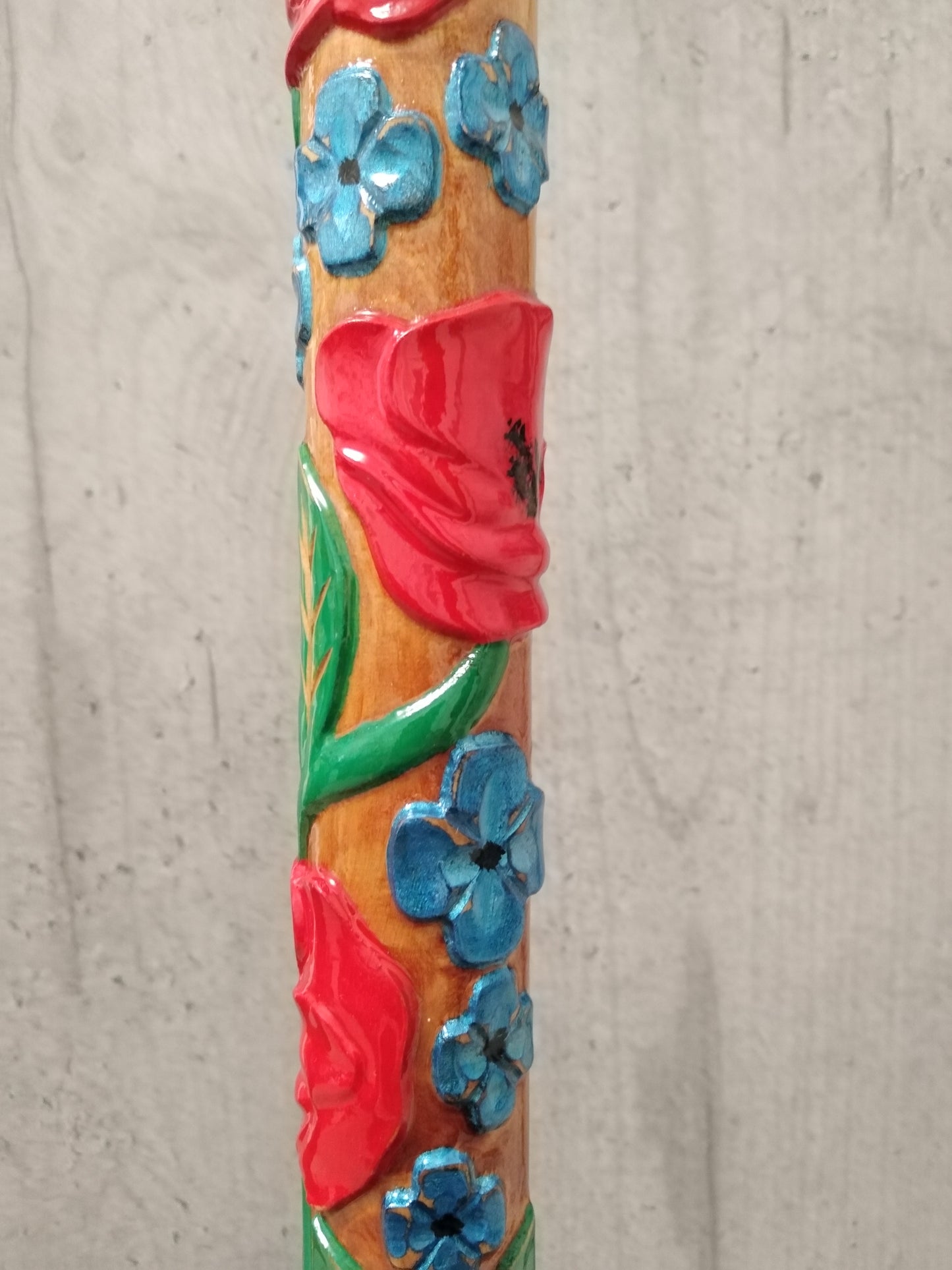 Carved wooden flower cane with poppies