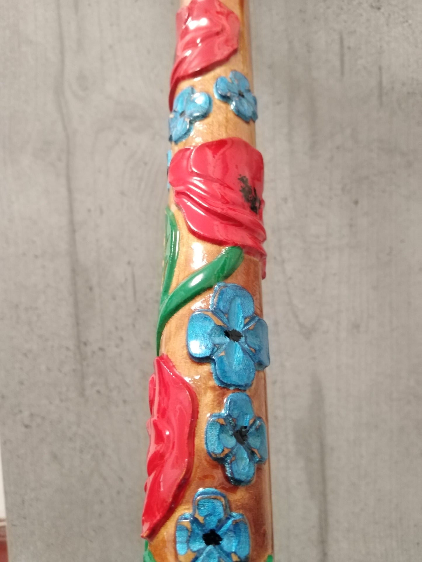 Carved wooden flower cane with poppies