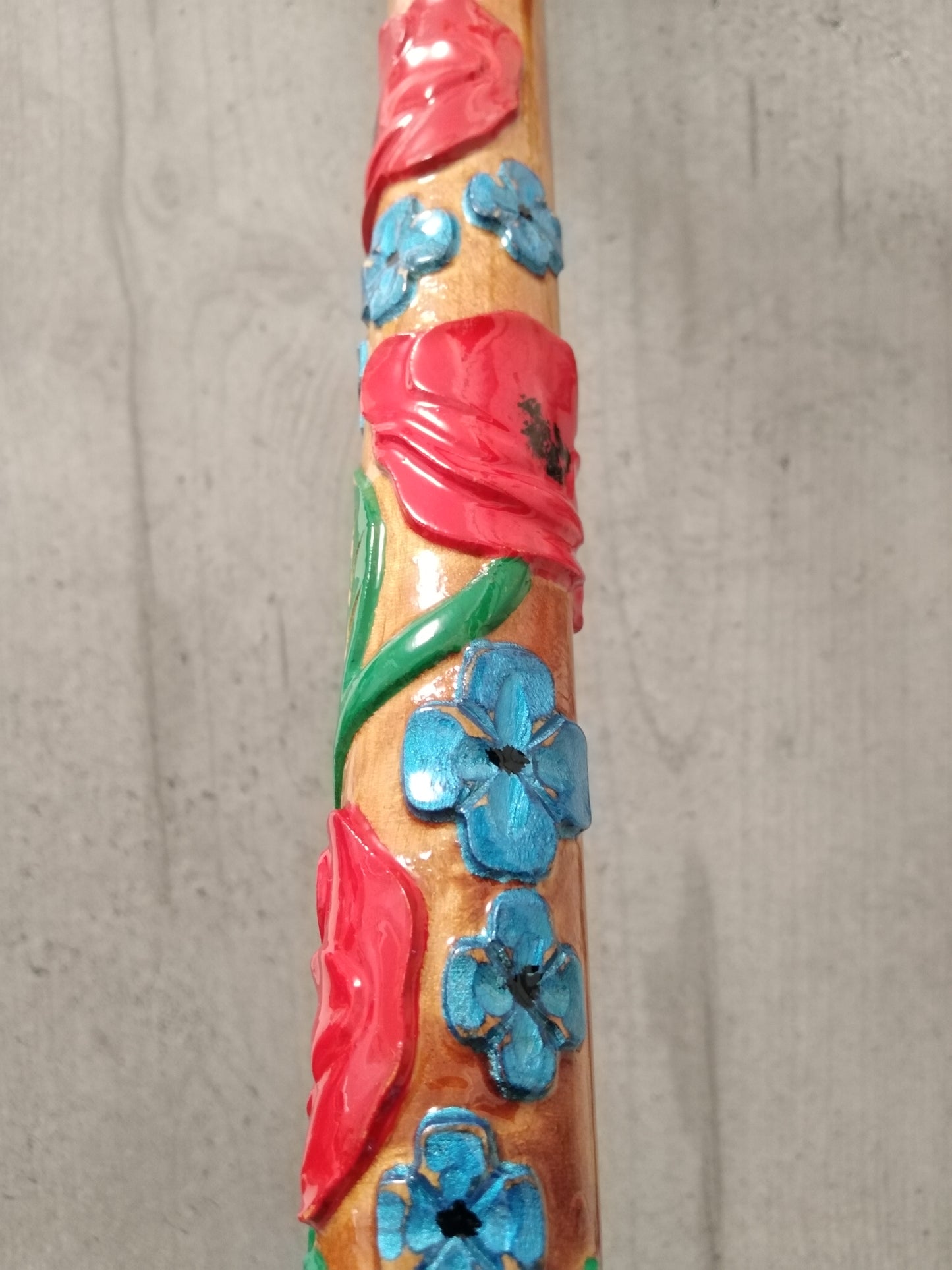 Carved wooden flower cane with poppies