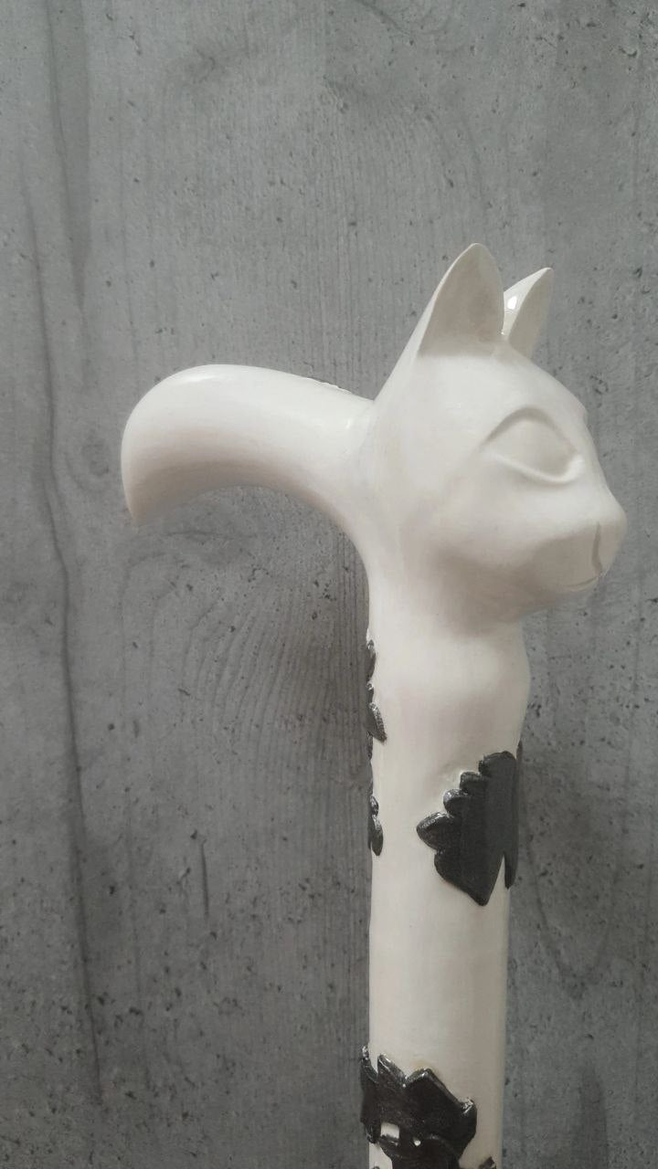 Carved wooden cane white cat