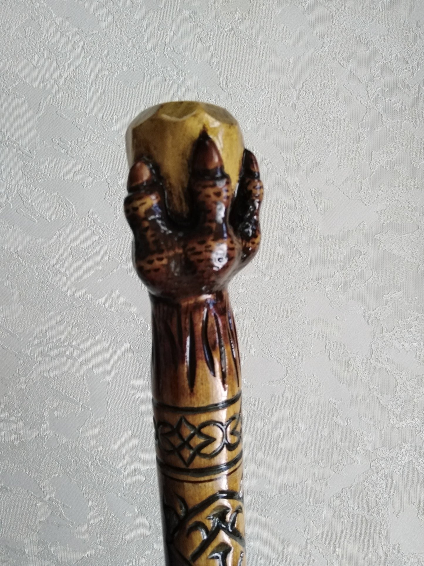 Carved wooden cane with dragon paw and diamond