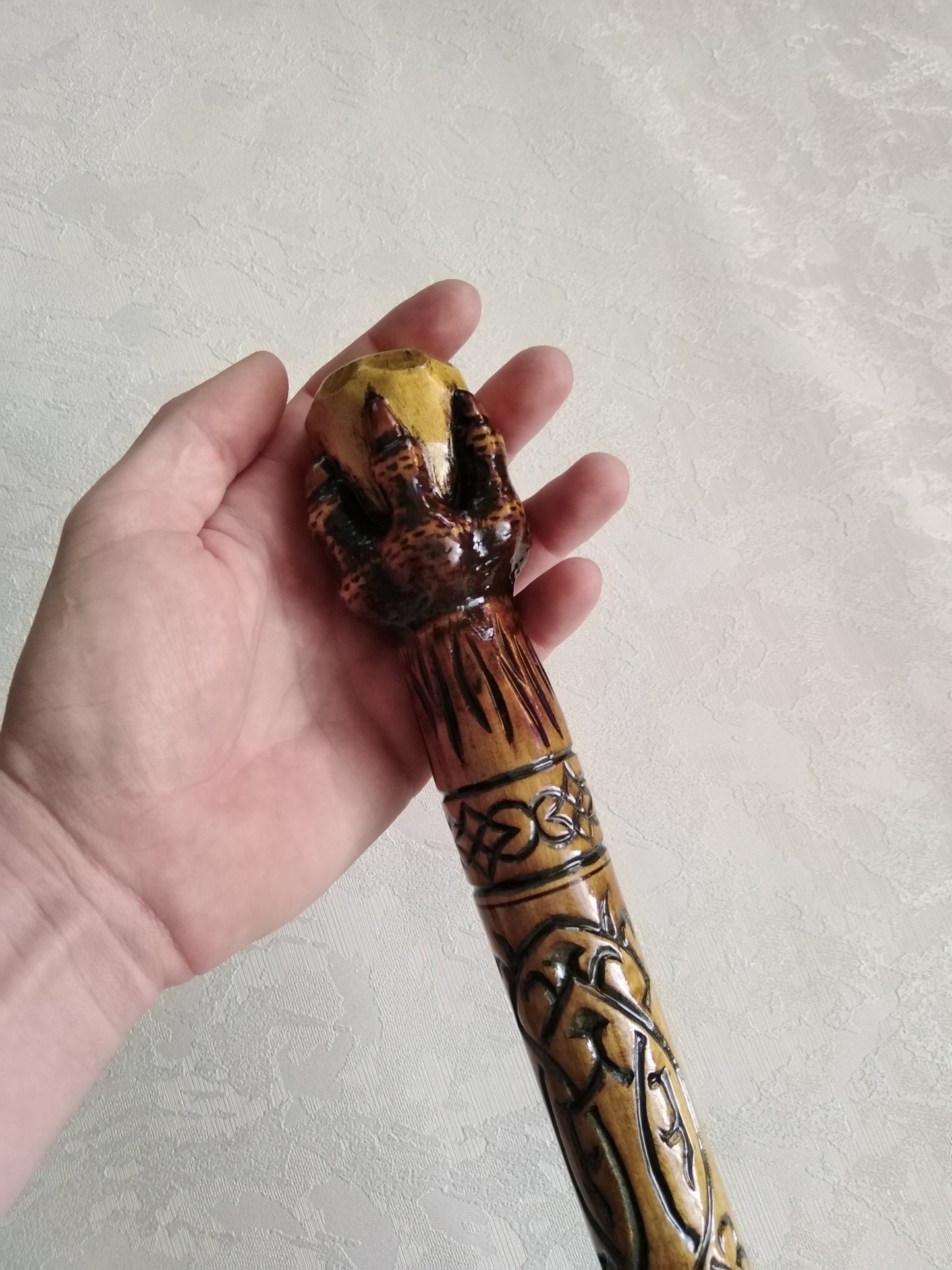 Carved wooden cane with dragon paw and diamond