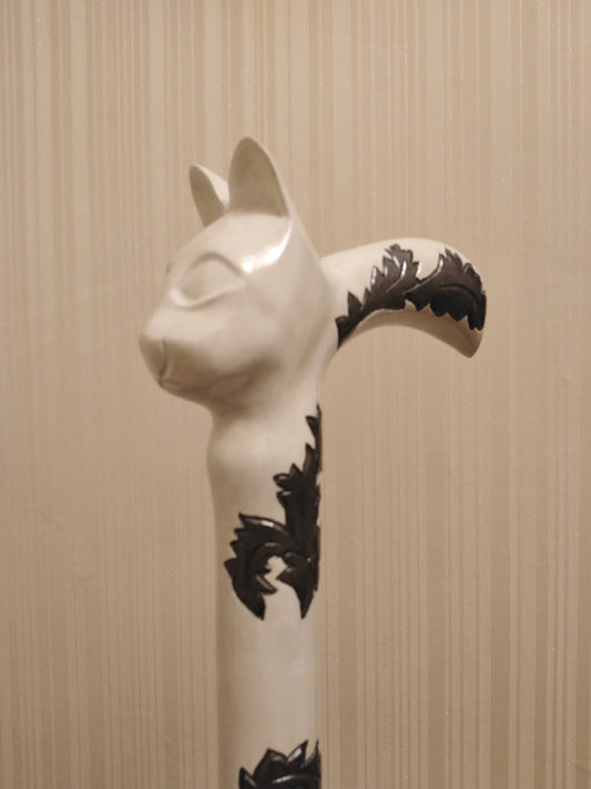 Carved wooden cane white cat