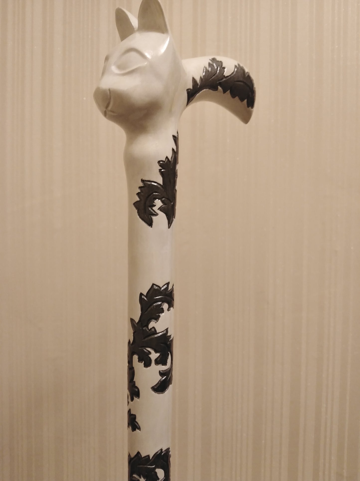 Carved wooden cane white cat