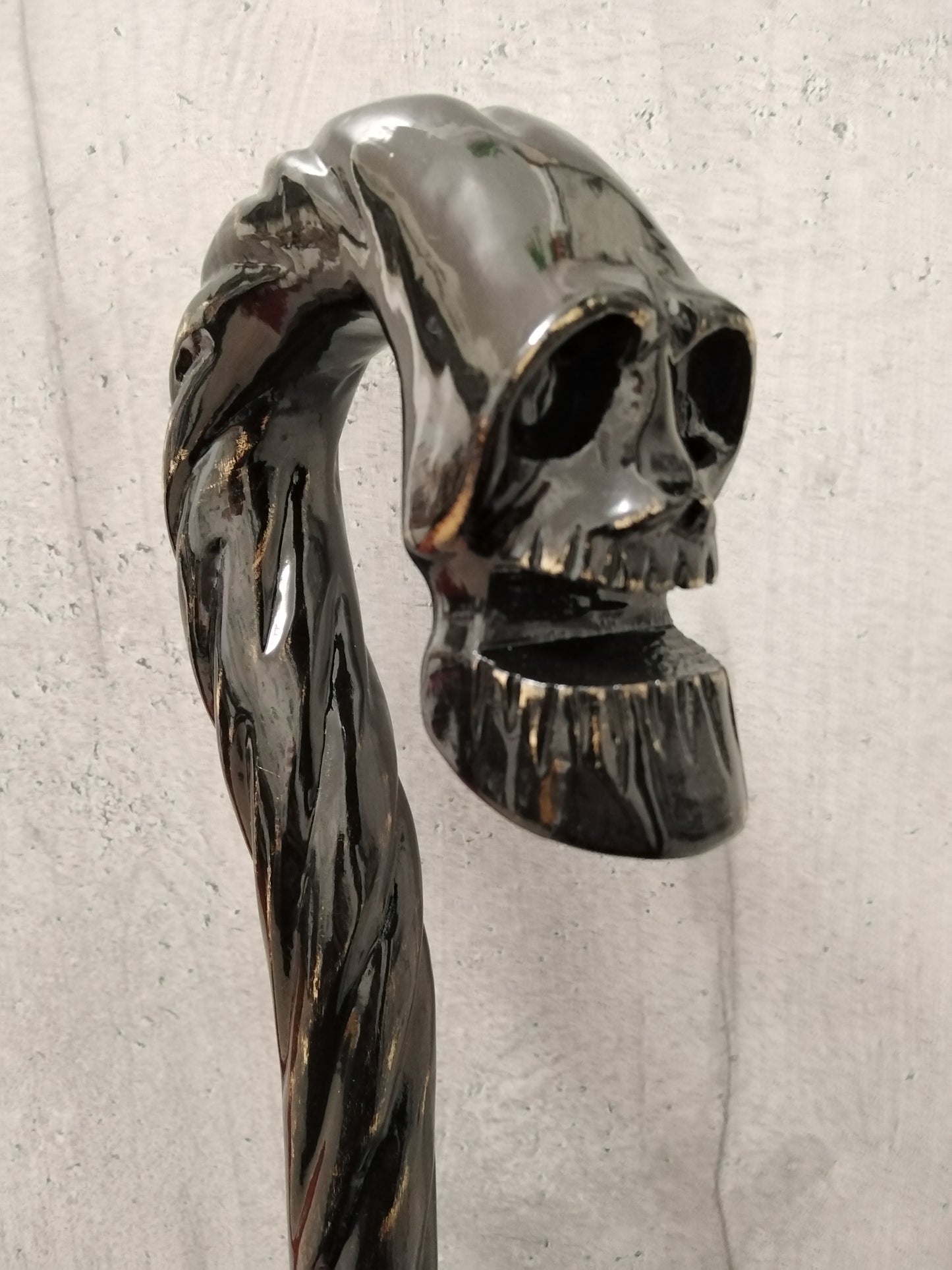 Carved wooden cane whimsical skull