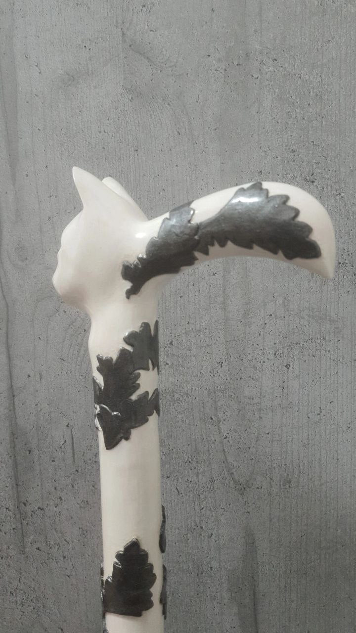 Carved wooden cane white cat