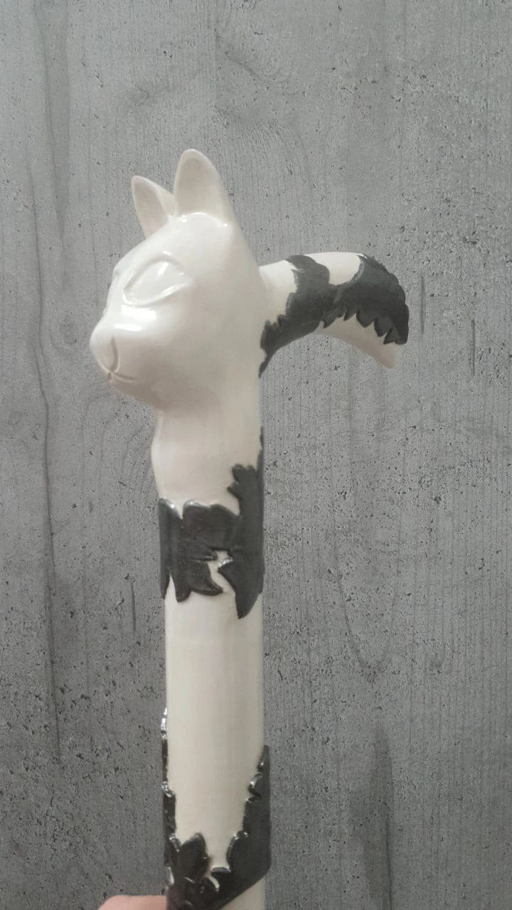 Carved wooden cane white cat