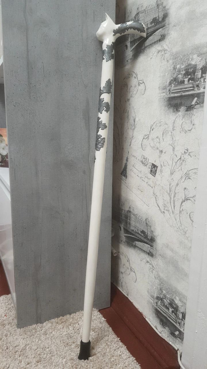 Carved wooden cane white cat