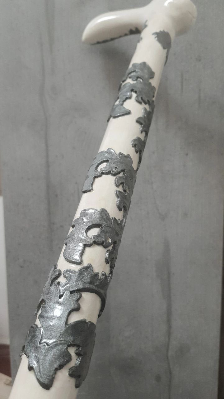 Carved wooden cane white cat
