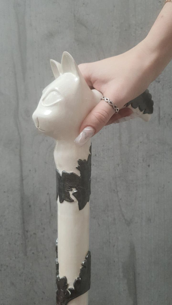 Carved wooden cane white cat